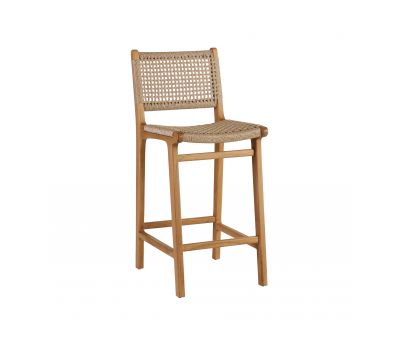 Outdoor barstool with teak frame and synthetic weave