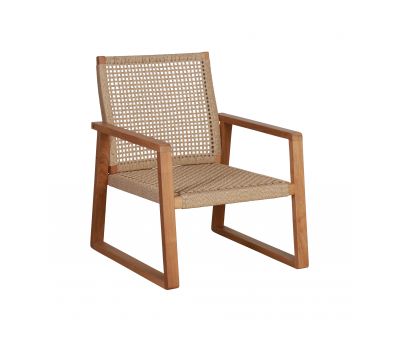 Outdoor lounge chair with teak frame and synthetic rope weave