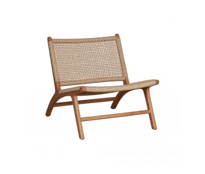 Outdoor lounge chair with teak frame and synthetic rope weave