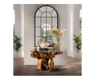 Block & Chisel teak root dining table with square glass top