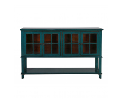 Teal lacquered chinese cabinet with glass doors