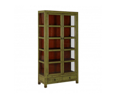 Olive green lacquered display cabinet with glass doors
