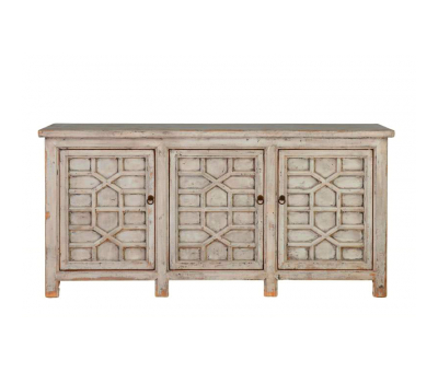 White chinese sideboard with detailed doors.
