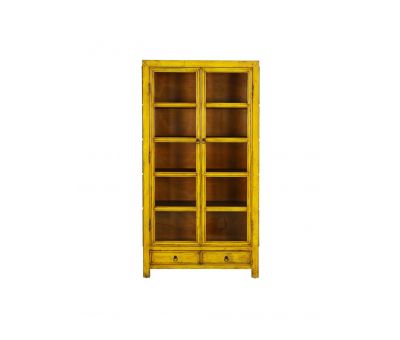 yellow lacquered display cabinet with glass doors