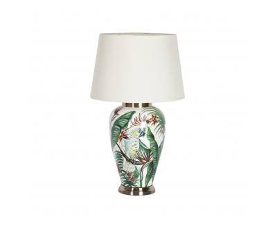 Ceramic lamp base with Parrot print and cream shade. 