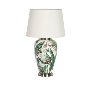 Ceramic lamp base with Parrot print and cream shade. 