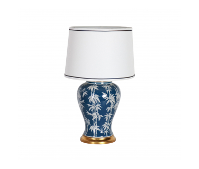 Blue and white lamp with bamboo print on base