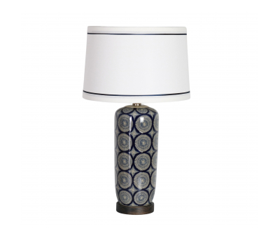 Blue geometric ceramic lamp base with white shade 