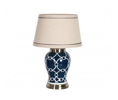 Blue and white ceramic lamp base with sand colour shade
