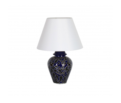 Navy blue floral print ceramic base with white shade