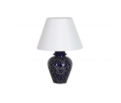 Navy blue floral print ceramic base with white shade