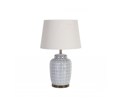 geometric pattern, oval lampbase with brass trim and white lampshade