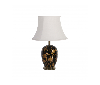 Black base with gold oriental nature pattern and white lampshade