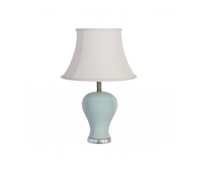 Pale blue ceramic china base with curved lampshade and silver trim