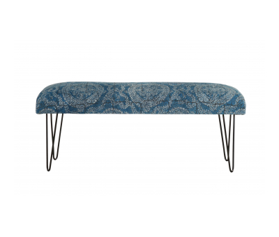 blue and white bench with metal legs