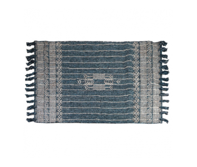 blue and grey woolen rug with tassels