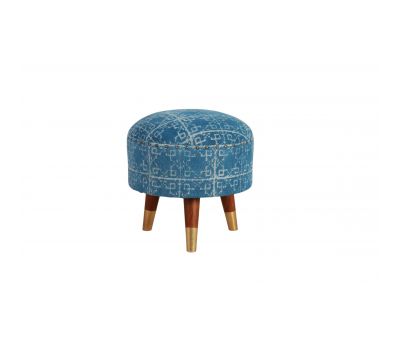 blue upholstered stool with 3 legs