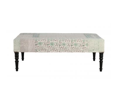 green and grey upholstered ottoman with wooden legs