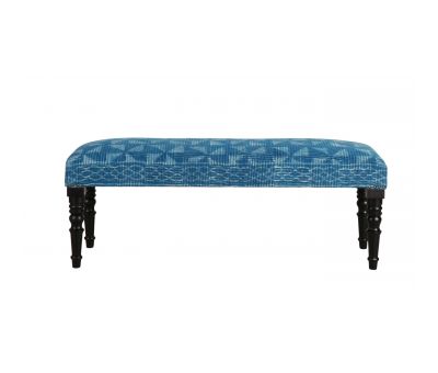 indigo upholstered bench with wooden legs