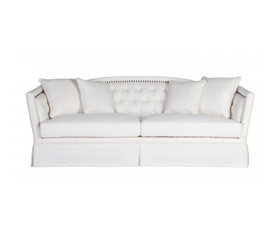 3 seater sofa upholstered in cream with buttoned back detail and skirt