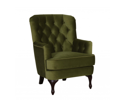 Fully upholstered green velvet chair with deep button back and cabriole leg. 