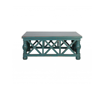 Blue distressed coffee table with turned legs cross side detail