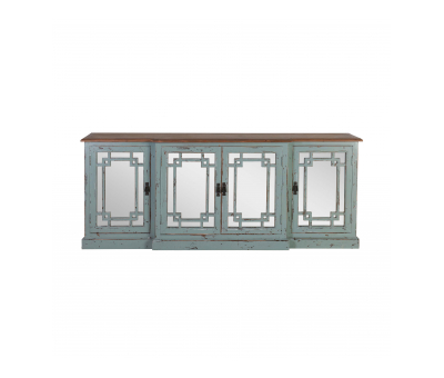 blue distressed buffet server with 4 mirrored doors