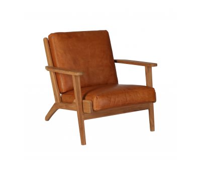 Teak frame armchair with loose leather cushions
