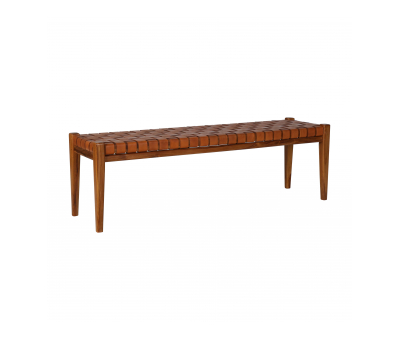 leather strap bench with teak frame