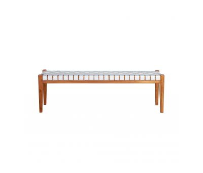 teak bench with white leather seating