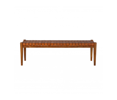 leather strap bench with teak frame
