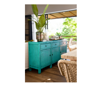 Turquoise blue lacquered sideboard with 3 doors and 3 drawers