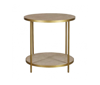 gold frame side table with rattan top and bottom shelf