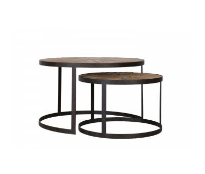 Block & Chisel round reclaimed wood nesting tables with iron base