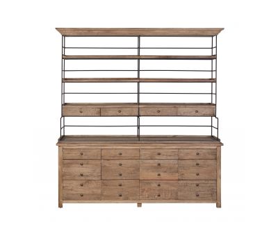 Elm and metal bookshelf with storage drawers