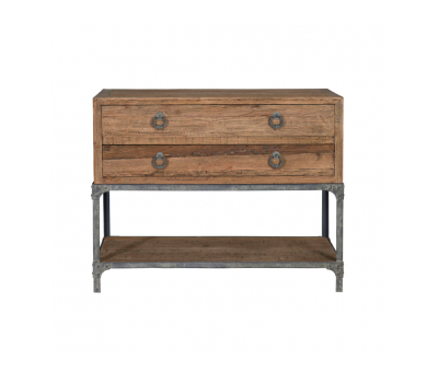 2 drawer metal and wood console with bottom shelf
