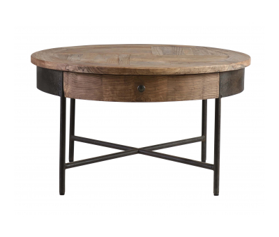 round elm coffee table with metal cross base