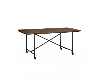 industrial style dining table with metal legs and wood top.