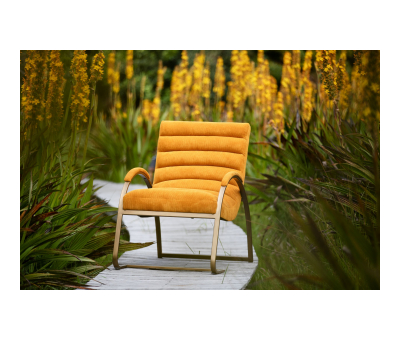 Gold metal framed chair upholstered in orange cord fabric. 
