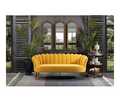 3 seater upholstered sofa in velvet mustard