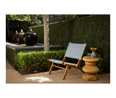 blue and white lazy lounge chair with teak frame