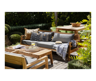 Block & Chisel outdoor teak 2 seater sofa with grey cushions