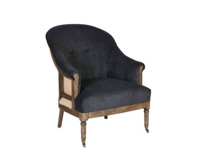 Deconstructed occasional chair with castors, upholstered in charcoal fabric