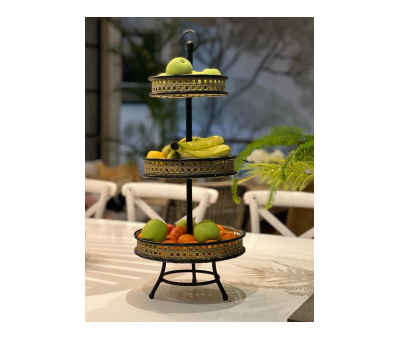 3 tier round display stand with industrial chic styling with fruit