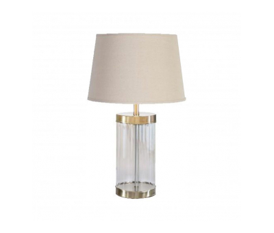 Glass cylinder base and gold trim lamp with cream lampshade
