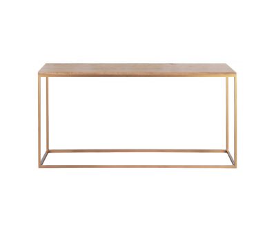 Lillian console with gold metal base and antique weathered oak top