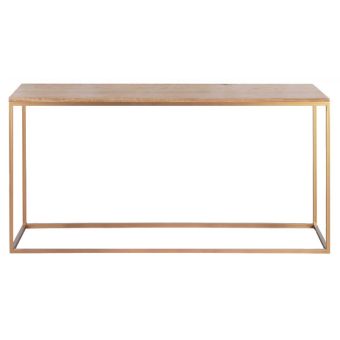 Lillian console with gold metal base and antique weathered oak top