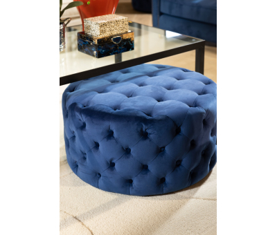 navy upholstered round ottoman with button detail Château Collection