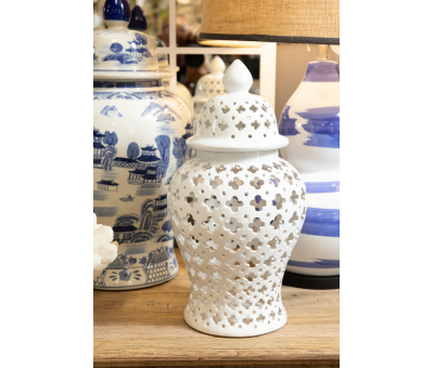 White cut out ginger jar with lid
