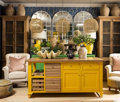 Toulouse kitchen island in yellow and weathered oak 